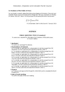 Wyboston, Chawston and Colesden Parish Council To Members of the Public & Press You are hereby invited to attend the forthcoming Meeting of Wyboston, Chawston and Colesden Parish Council to be held at the Village Hall, T
