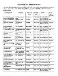 Licensed Water Well Contractors The following is a list of licensed well contractors operating in and around Waterloo Region. Contractors who are also members of the Ontario Ground Water Association (OGWA) are listed in 