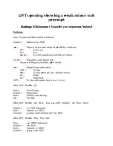 2NT opening showing a weak minor suit preempt Rating: Minimum 6 boards per segment/round Defense: Note: To pass and then double is takeout. Double =