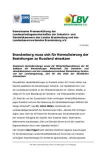Gemeinsame Presseerklärung der Landesarbeitsgemeinschaften der Industrie- und Handelskammern des Landes Brandenburg und des Landesbauernverbandes Brandenburg e.V