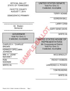 OFFICIAL BALLOT STATE OF TENNESSEE FAYETTE COUNTY AUGUST 7, 2014  UNITED STATES SENATE