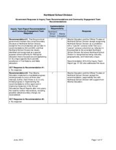 Northland School Division Government Response to Inquiry Team Recommendations and Community Engagement Team Recommendations Inquiry Team Report Recommendation and Community Engagement Team