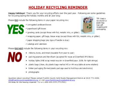 HOLIDAY RECYCLING REMINDER 2013