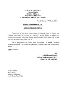 F. No[removed]CX.9 Govt. of India Ministry of Finance Department of Revenue (Central Board of Excise and Customs) New Delhi, the 11th March, 2015