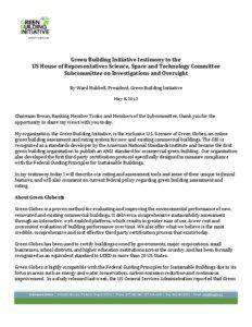 Green Building Initiative testimony to the US House of Representatives Science, Space and Technology Committee Subcommittee on Investigations and Oversight