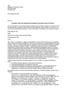 ABC Audience & Consumer Affairs GPO BOX 9994 SYDNEY 2001 24th September 2009