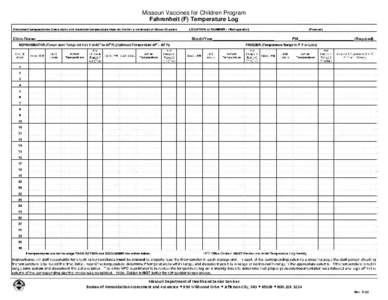 Missouri Vaccines for Children Program Fahrenheit (F) Temperature Log Missouri Department of Health and Senior Services Bureau of Immunization Assessment and Assurance  930 Wildwood Drive  Jefferson City, MO  65