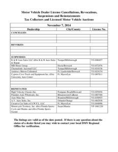Motor Vehicle Dealer License Cancellations, Revocations, Suspensions and Reinstatements Tax Collectors and Licensed Motor Vehicle Auctions November 7, 2014 Dealership
