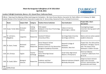 Meet the Hungarian Fulbrighters of AYApril 28, 2015 Location: Fulbright Commission, Baross u. 62., Ground Floor, Conference Room 2:00 pm Opening of the Meeting of Returned Hungarian Fulbrighters - Ms. Karyn Po