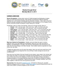 Weekly Drought Brief Monday March 3, 2014 CURRENT CONDITIONS Recent Precipitation: Strong winter storms hit California beginning Wednesday, bringing heavy rain and snow across the state. Both Northern and Southern Califo