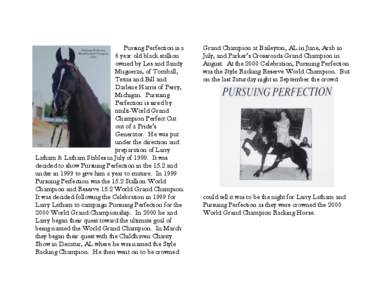 Pursing Perfection is a 6 year old black stallion owned by Les and Sandy Muguerza, of Tomball, Texas and Bill and Darlene Harris of Perry,