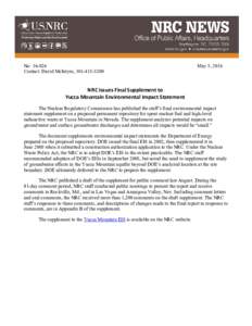 Press Release: NRC Issues Final Supplement to Yucca Mountain Environmental Impact Statement.