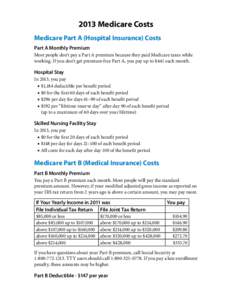 2013 Medicare Costs Medicare Part A (Hospital Insurance) Costs Part A Monthly Premium Most people don’t pay a Part A premium because they paid Medicare taxes while working. If you don’t get premium-free Part A, you p