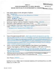 RECEIVED FORM FOR REQUESTING AN APPEAL HEARING MAR 09 ?? BEFORE THE NEVADA STATE ENVIRONMENTAL COMMISSION eNVIRONMENTAL PROTECflQN