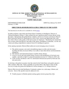 OFFICE OF THE DIRECTOR OF NATIONAL INTELLIGENCE PUBLIC AFFAIRS OFFICE WASHINGTON, D.C[removed]NEWS RELEASE