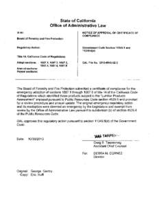 State of California Office of Administrative Law In re: NOTICE OF APPROVAL OF CERTIFICATE OF COMPLIANCE