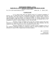 DIRECTORATE GENERAL, C.R.P.F., BLOCK NO. 01, C.G.O. COMPLEX, LODHI ROAD, NEW DELHIMinistry of Home Affairs) No. A.VIRectt(SSB)(ACDated, the 11 March, 2015 CIRCULAR