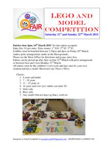 LEGO AND MODEL Competition Saturday 21st and Sunday 22nd MarchEntries close 4pm, 14th MarchNo late entries accepted.