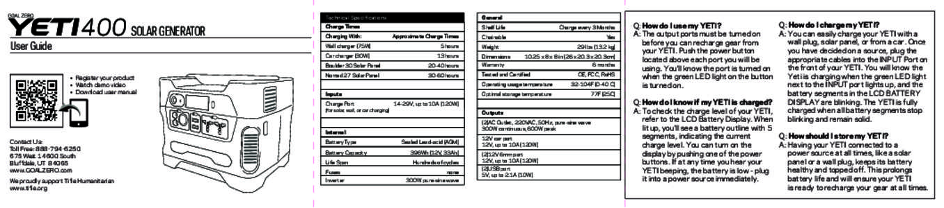 YETI 400 SOLAR GENERATOR User Guide • Register your product • Watch demo video • Download user manual