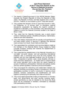 Joint Press Statement of the 4th East Asia Summit on the Revival of Nalanda University