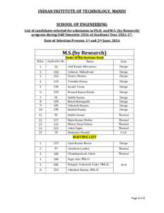 INDIAN INSTITUTE OF TECHNOLOGY, MANDI SCHOOL OF ENGINEERING List of candidates selected for admission in Ph.D. and M.S. (by Research) program during Odd Semester 2016 of Academic YearDate of Selection Process: 