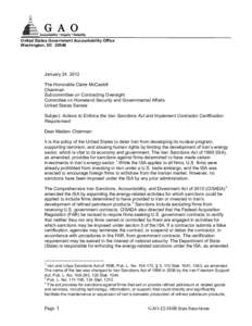 GAO-12-316R; Actions to Enforce the Iran Sanctions Act and Implement Contractor Certification Requirement