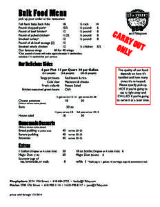 Bulk Food Menu pick up your order at the restaurant Full Rack Baby Back Ribs	 18.	 Pound chopped pork*