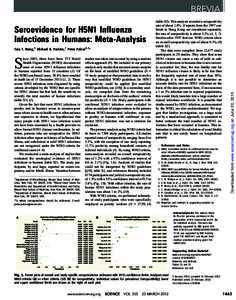 Seroevidence for H5N1 Influenza Infections in Humans: Meta-Analysis Taia T. Wang,1 Michael K. Parides,2 Peter Palese1,3* ince 2003, there have been 573 World Health Organization (WHO)–documented cases of avian H5N1 inf