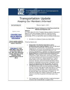 Transportation Update  Keeping Our Members Informed Week of April 1, 2013  Quick Links