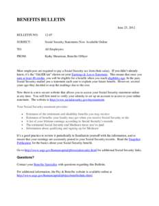 BENEFITS BULLETIN June 25, 2012 BULLETIN NO: 12-07