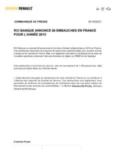 COMMUNIQUÉ DE PRESSERCI BANQUE ANNONCE 60 EMBAUCHES EN FRANCE POUR L’ANNÉE 2015