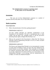 LC Paper No. CB[removed])  The Administration’s response to questions raised by Hon James TO on 4 December[removed]Introduction