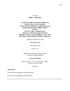 Page 1  Case Name: Algor v. Alcan Inc. IN THE MATTER OF the Human Rights Code