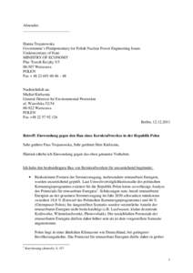 Absender: ________________________ Hanna Trojanowska Government’s Plenipotentiary for Polish Nuclear Power Engineering Issues Undersecretary of State MINISTRY OF ECONOMY