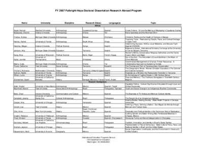 FY 2007 Fulbright-Hays Doctoral Disseration Research Abroad Program Grantee and Award Data (PDF)