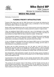 Mike Baird MP NSW Treasurer Minister for Industrial Relations MEDIA RELEASE Wednesday 3 October 2012