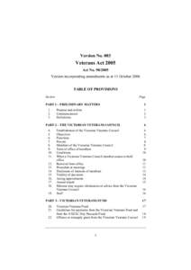 Version No[removed]Veterans Act 2005 Act No[removed]Version incorporating amendments as at 11 October 2006 TABLE OF PROVISIONS