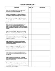 EVALUATION CHECKLIST Question Does the water appear to be sufficiently available according to the guidelines on page 15? Is water being provided at or above the minimum acceptable quantity shown in the table on page 15?