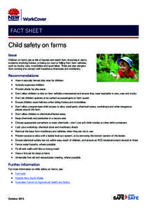FACT SHEET  Child safety on farms Issue Children on farms are at risk of injuries and death from drowning in dams, incidents involving horses, or being run over or falling from farm vehicles,