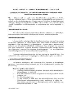 NOTICE OF PROPOSED SETTLEMENT AGREEMENT AND HEARING IN A CLASS ACTION
[removed]NOTICE OF PROPOSED SETTLEMENT AGREEMENT AND HEARING IN A CLASS ACTION