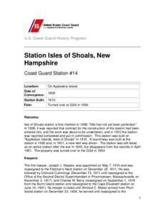 U.S. Coast Guard History Program  Station Isles of Shoals, New Hampshire Coast Guard Station #14 Location: