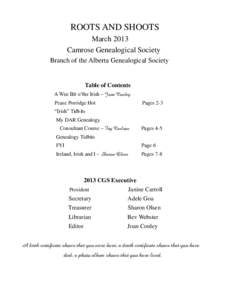 ROOTS AND SHOOTS March 2013 Camrose Genealogical Society Branch of the Alberta Genealogical Society  Table of Contents