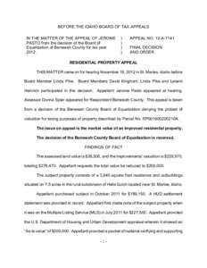 BEFORE THE IDAHO BOARD OF TAX APPEALS IN THE MATTER OF THE APPEAL OF JEROME PASTO from the decision of the Board of Equalization of Benewah County for tax year 2012.