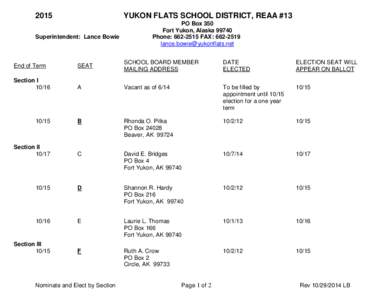 2015  YUKON FLATS SCHOOL DISTRICT, REAA #13 Superintendent: Lance Bowie