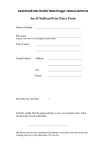 Australian Irish Heritage Association Writers’ Prize Entry Form