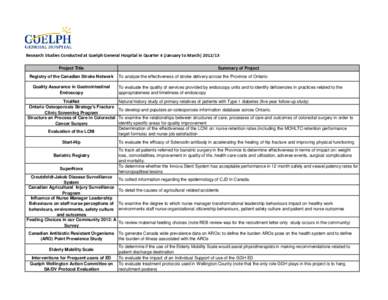 Research Studies Conducted at Guelph General Hospital in Quarter 4 (January to March[removed]Project Title Registry of the Canadian Stroke Network