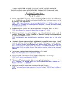 SAFETY INSPECTION REPORT - VA COMMUNITY PLACEMENT PROGRAM EXITING NURSING HOME CARE FACILITIES[removed]INSPECTION BY UNAL ALICI Grand Island Veterans Home VA Survey 2009 Safety Inspection Plan of Correction 1. “Facility