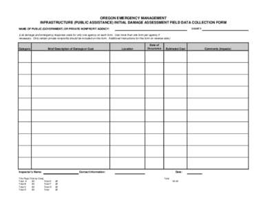 OREGON EMERGENCY MANAGEMENT INFRASTRUCTURE (PUBLIC ASSISTANCE) INITIAL DAMAGE ASSESSMENT FIELD DATA COLLECTION FORM NAME OF PUBLIC (GOVERNMENT) OR PRIVATE NONPROFIT AGENCY: COUNTY: