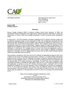 APPRAISAL REPORT  CAO Appraisal for Audit of IFC CAO Compliance C-I-R7-Y12-F158 April 18, 2012