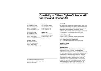 Creativity in Citizen Cyber-Science: All for One and One for All Charlene Jennett Zoya Ajani